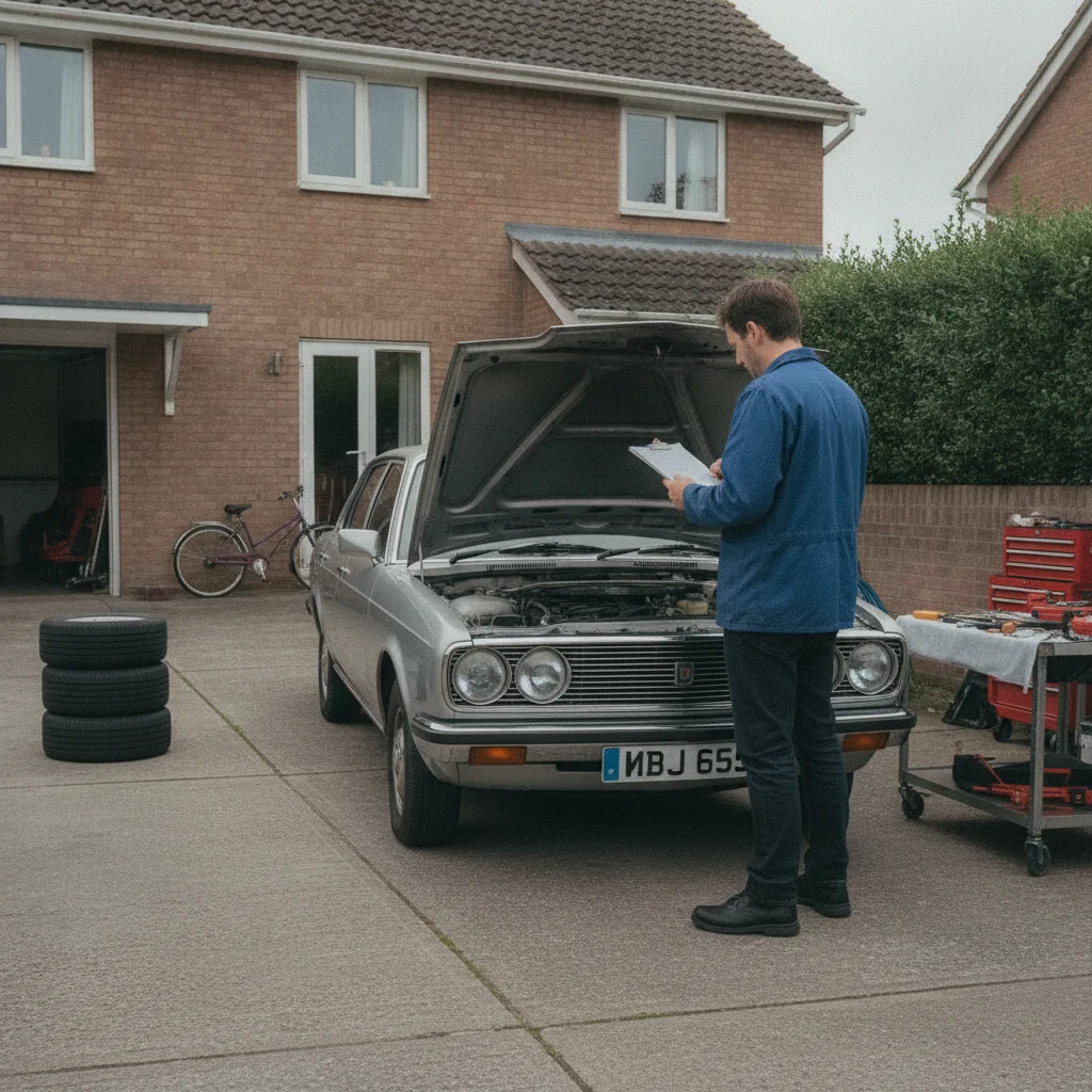 Car owner reviewing a maintenance checklist beside an open hood in a residential driveway