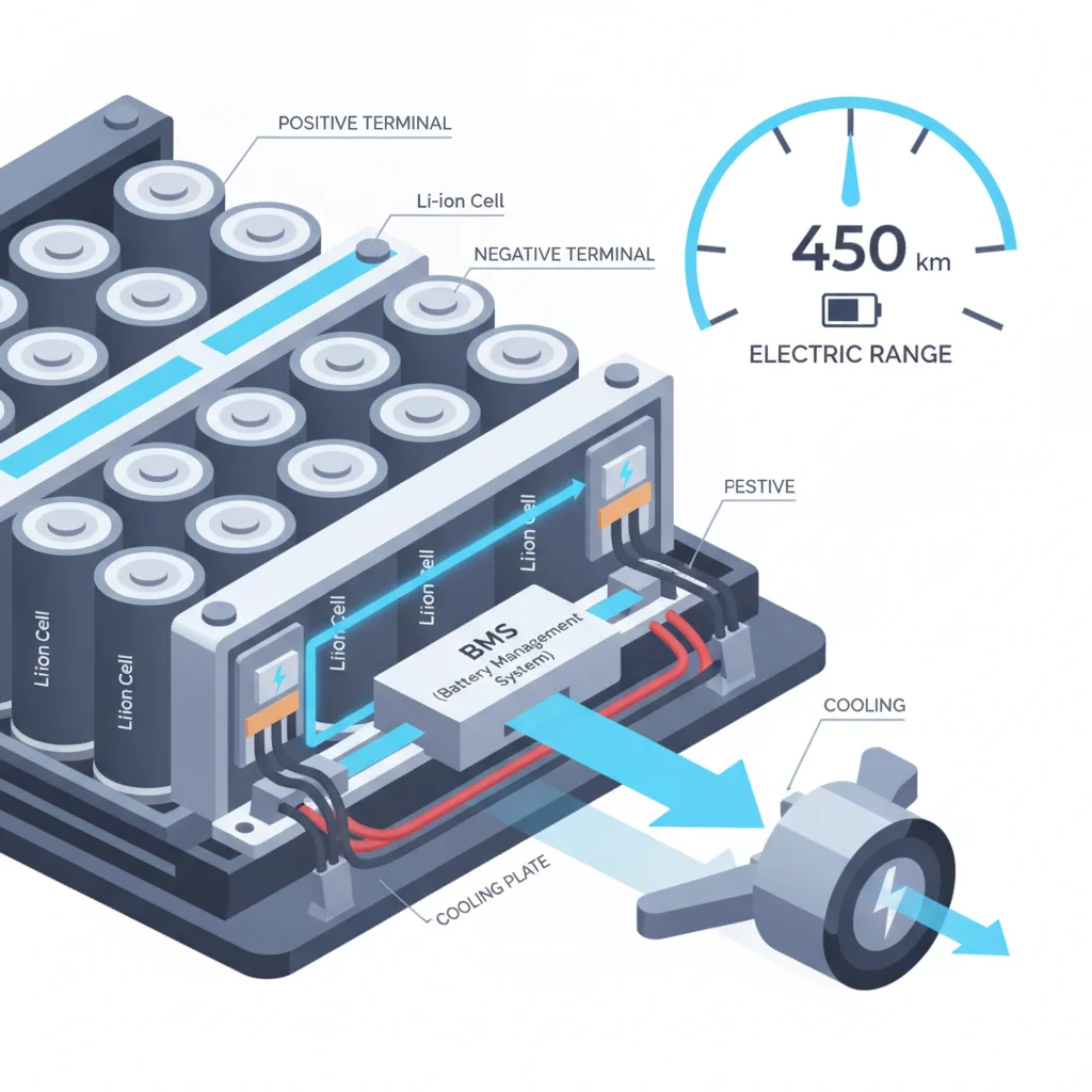 Cross-section diagram of an EV battery pack showing cells, energy flow, and range gauge