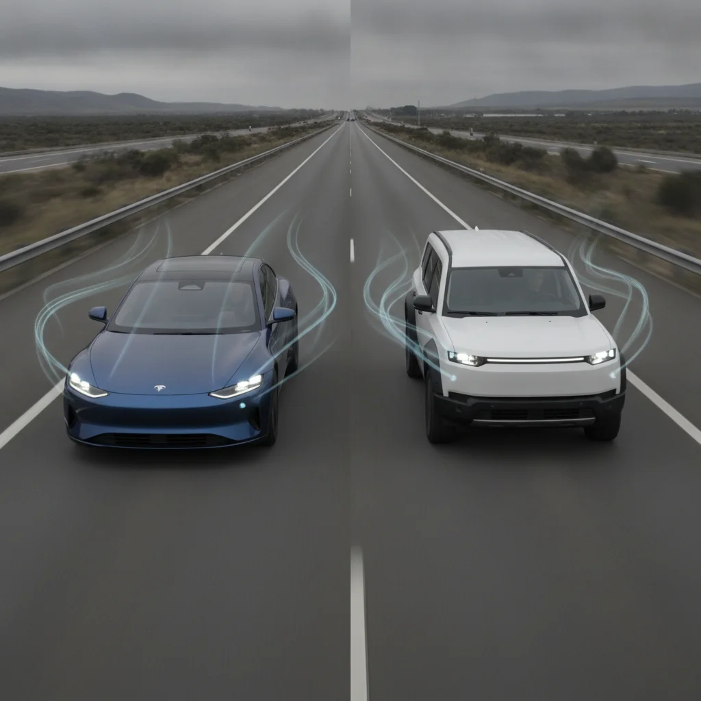 Aerodynamic electric sedan and boxy electric SUV side by side on highway showing aerodynamic drag contrast