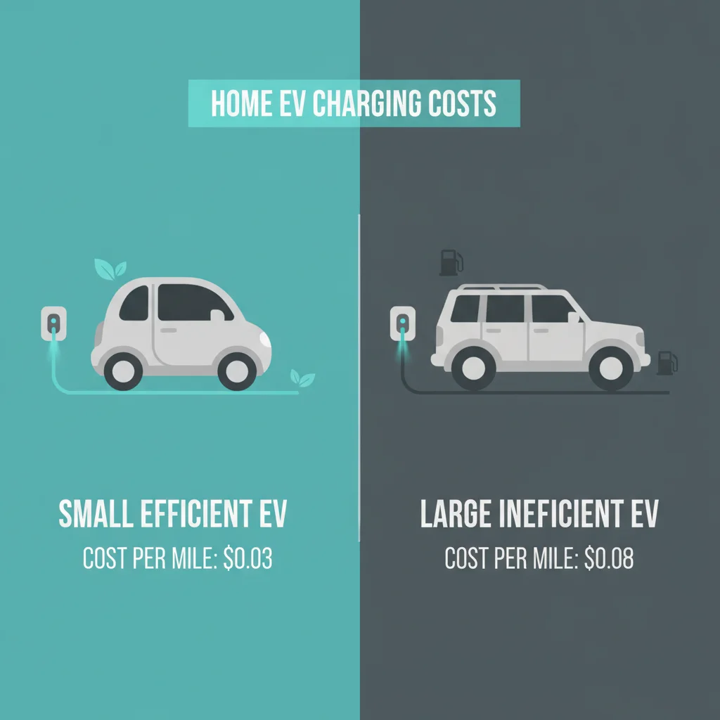 Infographic comparing home charging costs of an efficient small EV versus a large less efficient EV per mile