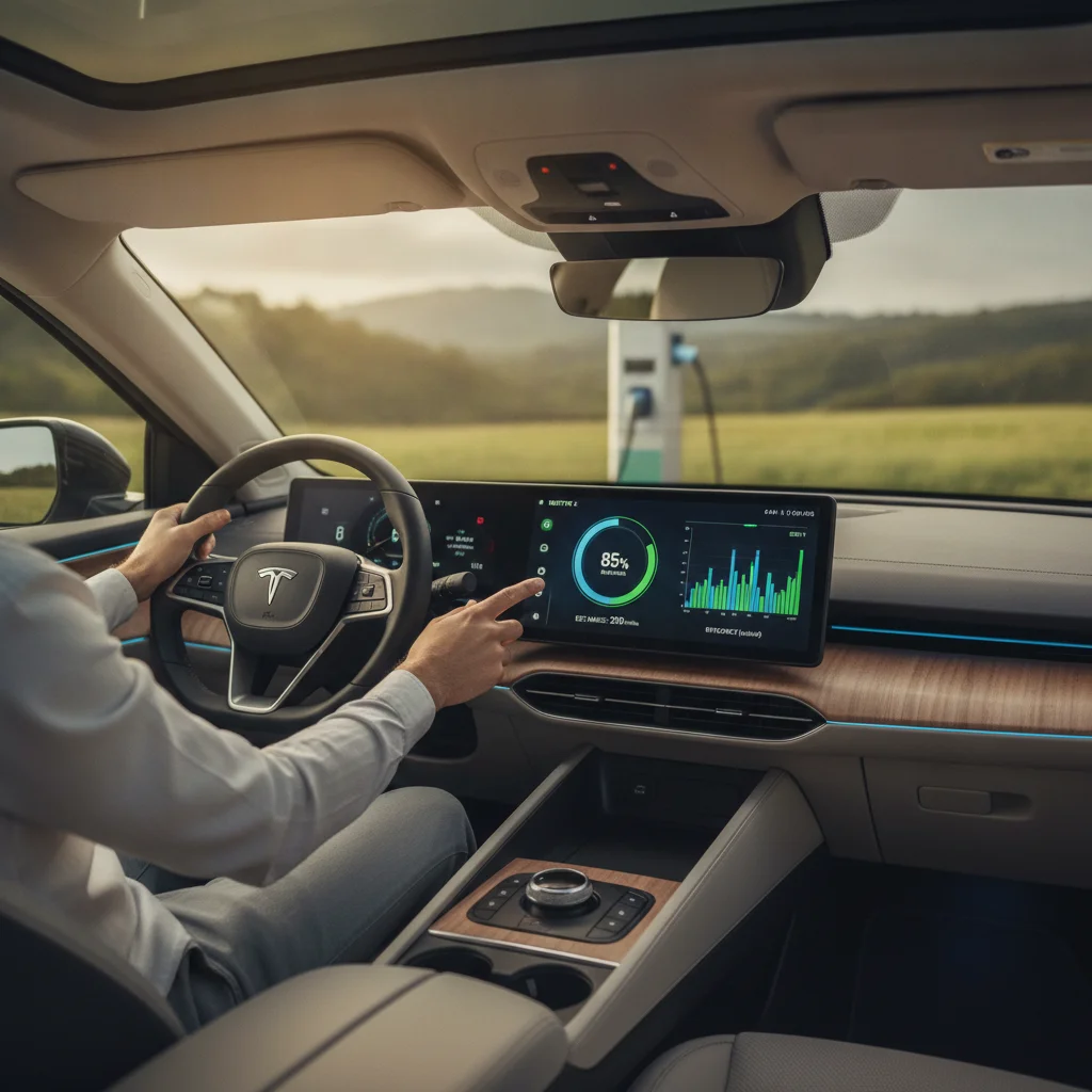EV driver reviewing range estimate and efficiency data on vehicle touchscreen dashboard display