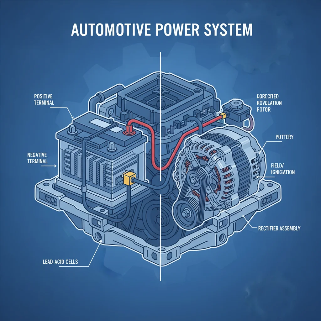 Split diagram showing a car battery and alternator component side by side in an engine bay