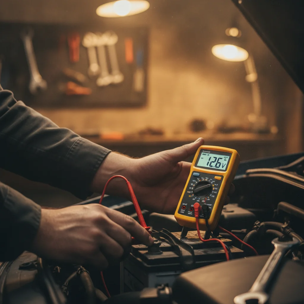 Mechanic using a digital multimeter to test car battery voltage with probes on terminals
