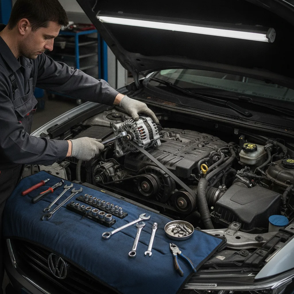 Mechanic installing a new alternator in an engine bay with serpentine belt visible