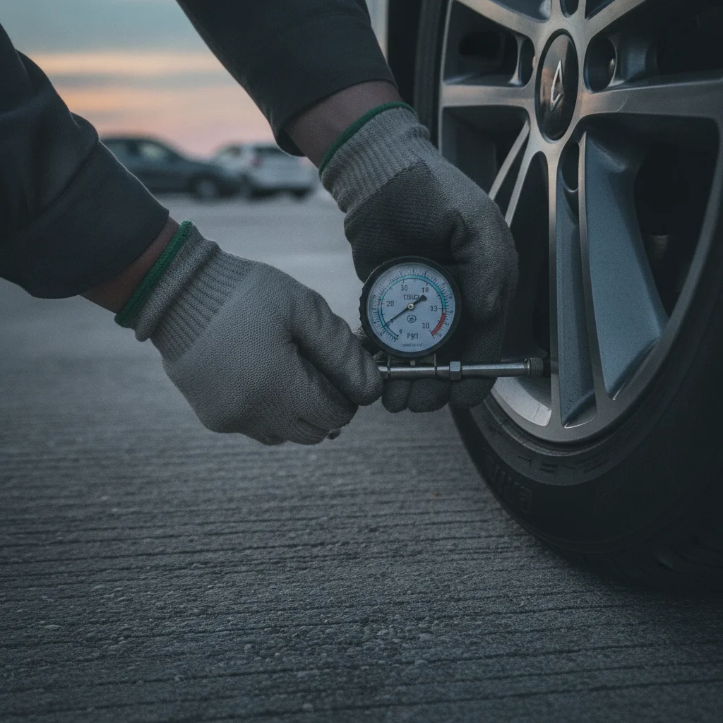 Hands using a tire pressure gauge on a car tire valve stem in a parking lot at dawn
