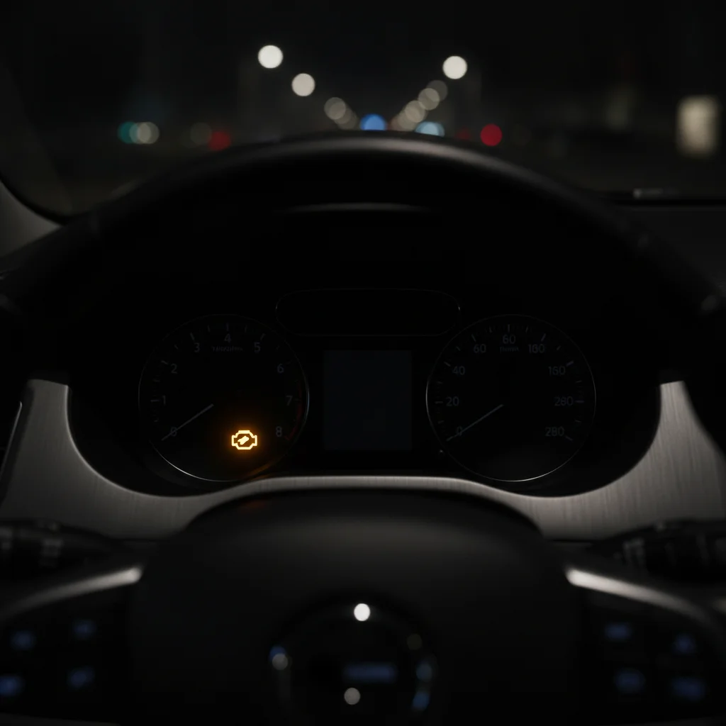 Amber check engine warning light glowing on a car instrument cluster dashboard