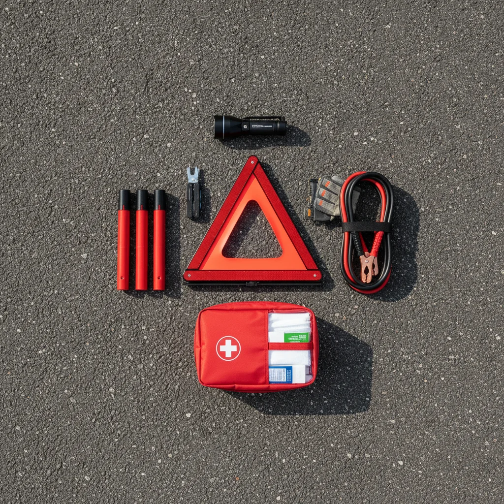 Car emergency kit items including reflective triangle, jumper cables, first aid kit, and flashlight laid on asphalt