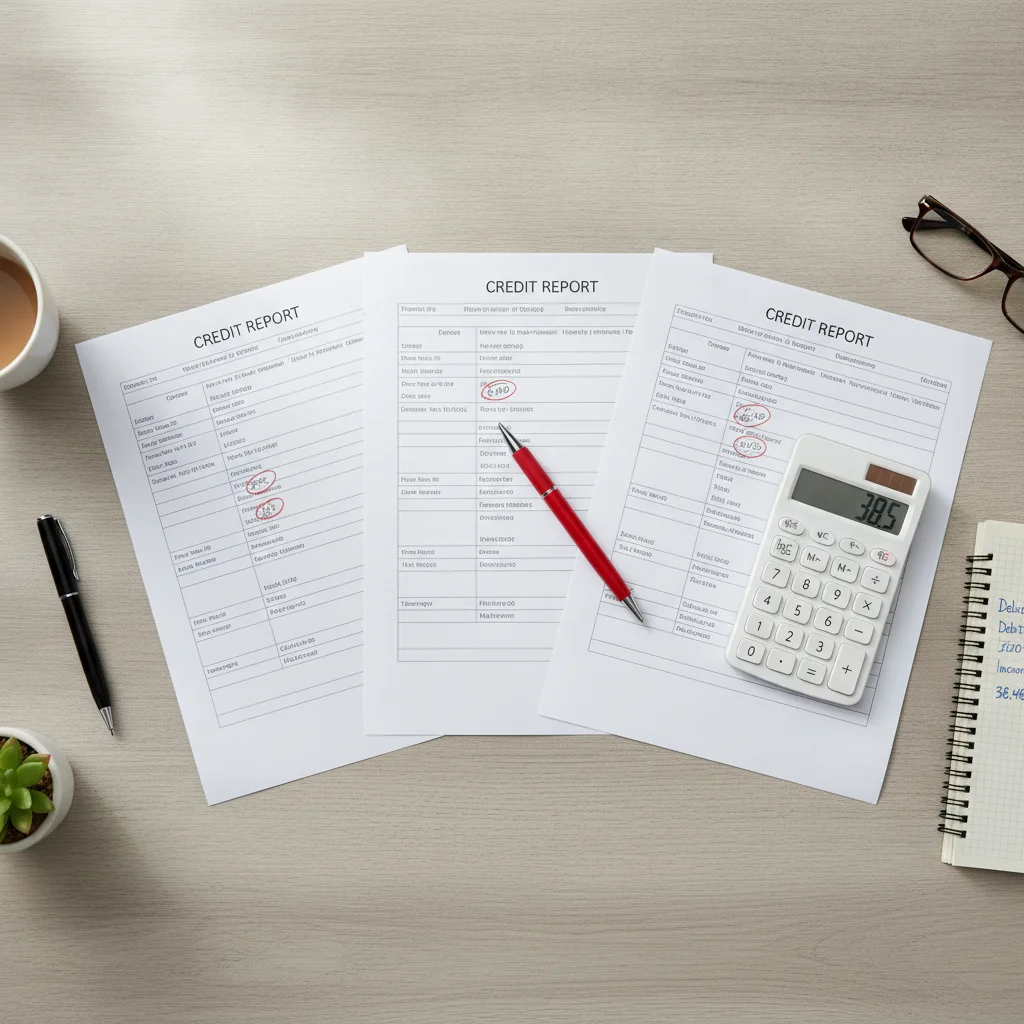 Three printed credit reports laid side by side with a pen marking errors and a notepad showing DTI calculations