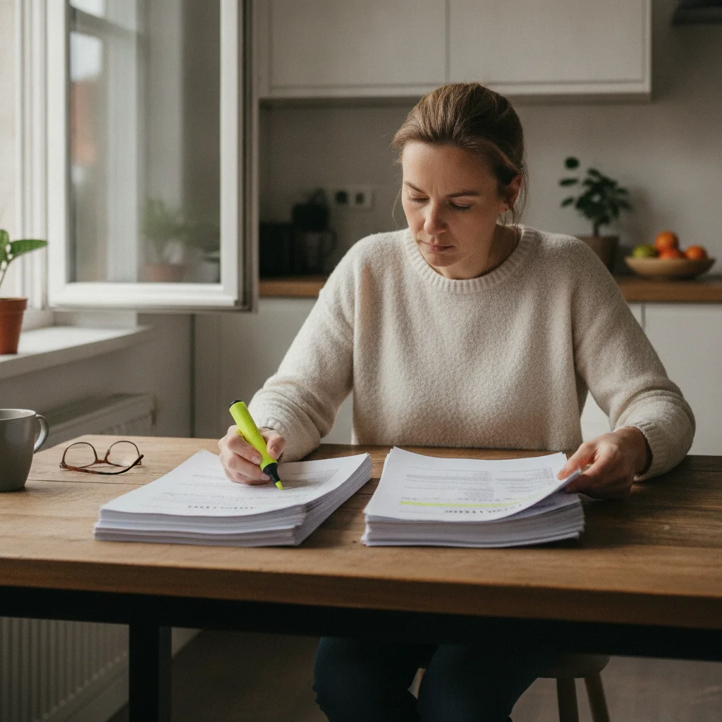 Person comparing multiple printed loan offer documents side by side with a yellow highlighter marking interest rates