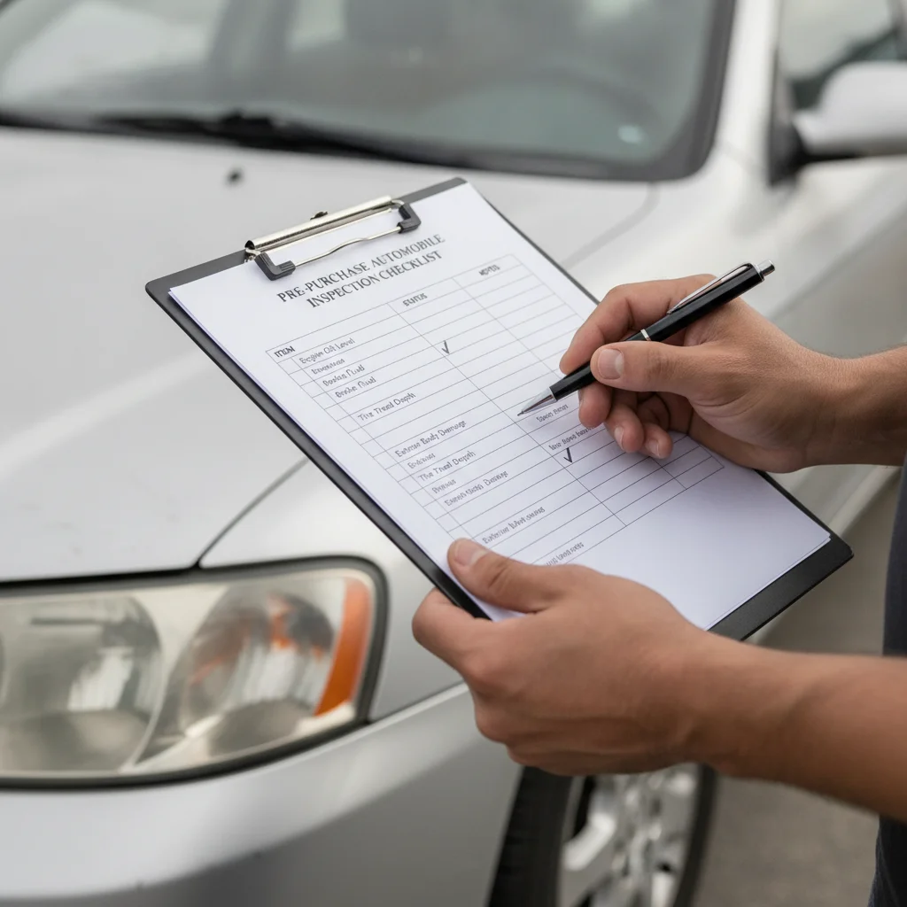 Person holding an insurance checklist on a clipboard beside a used car in natural daylight