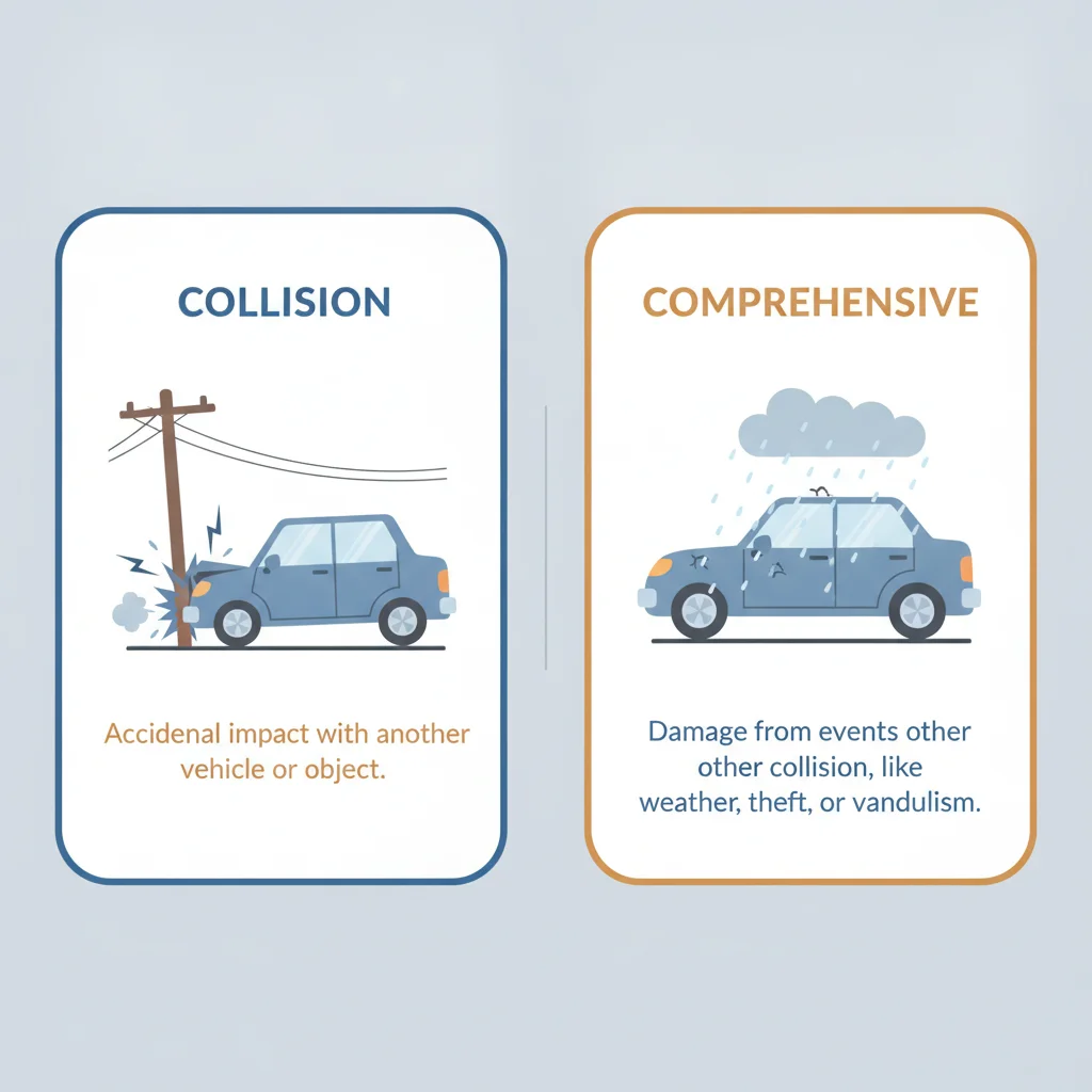 Split illustration showing collision coverage on the left and comprehensive coverage on the right