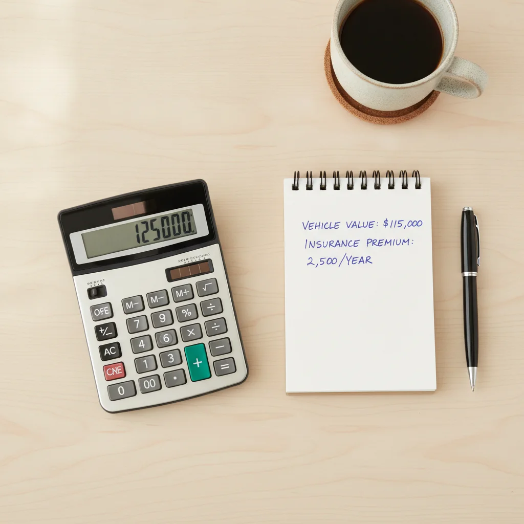 Calculator and notepad with vehicle value and insurance premium figures on a clean desk surface