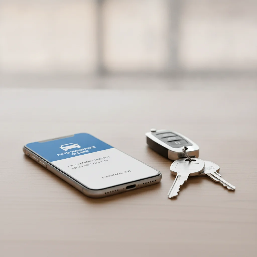 Smartphone showing a digital insurance ID card next to car keys on a wooden surface