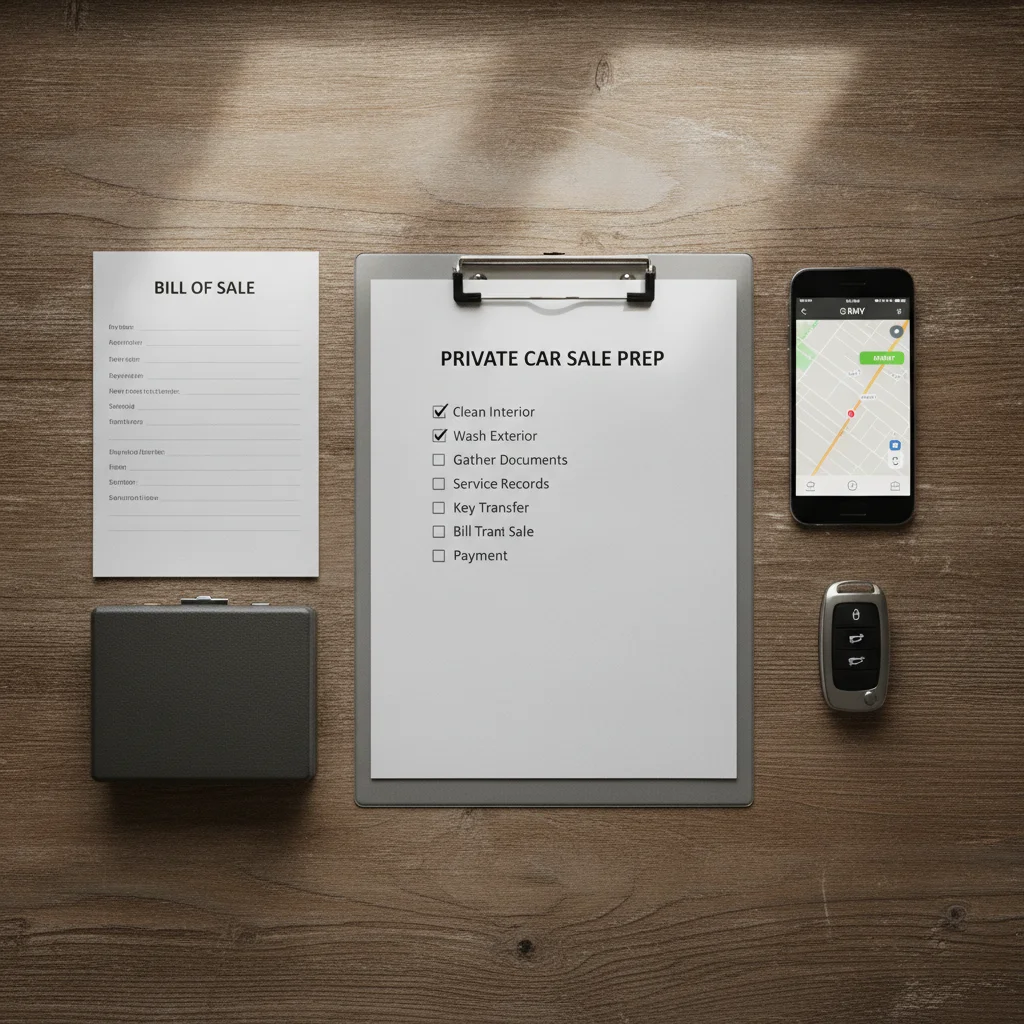 Overhead view of car sale preparation items including a checklist, key, phone, and documents on a table