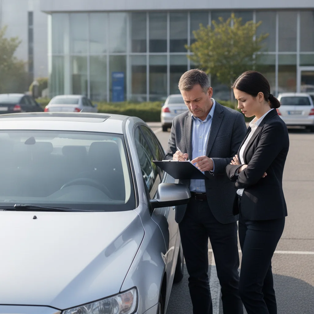 Car seller and buyer meeting in a public parking lot with seller reviewing paperwork before a showing