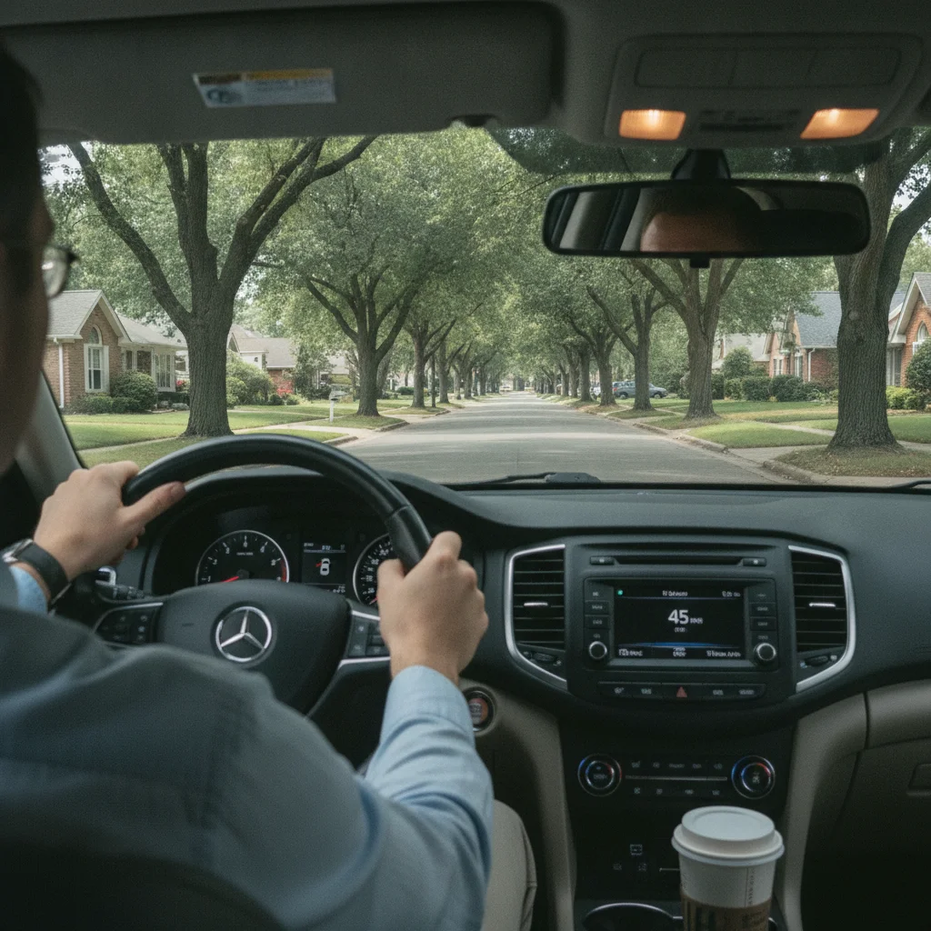 View from passenger seat during a test drive showing driver hands on wheel and a suburban road ahead