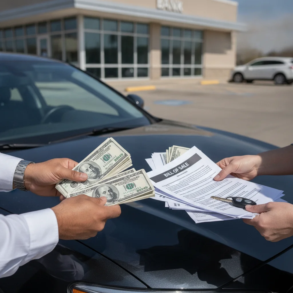 Two people exchanging paperwork and cash beside a car during a private vehicle sale transaction