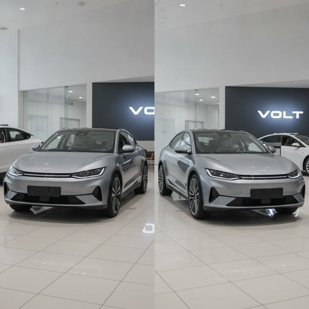 Two identical EV trim levels side by side showing standard and larger sport wheel options that affect range