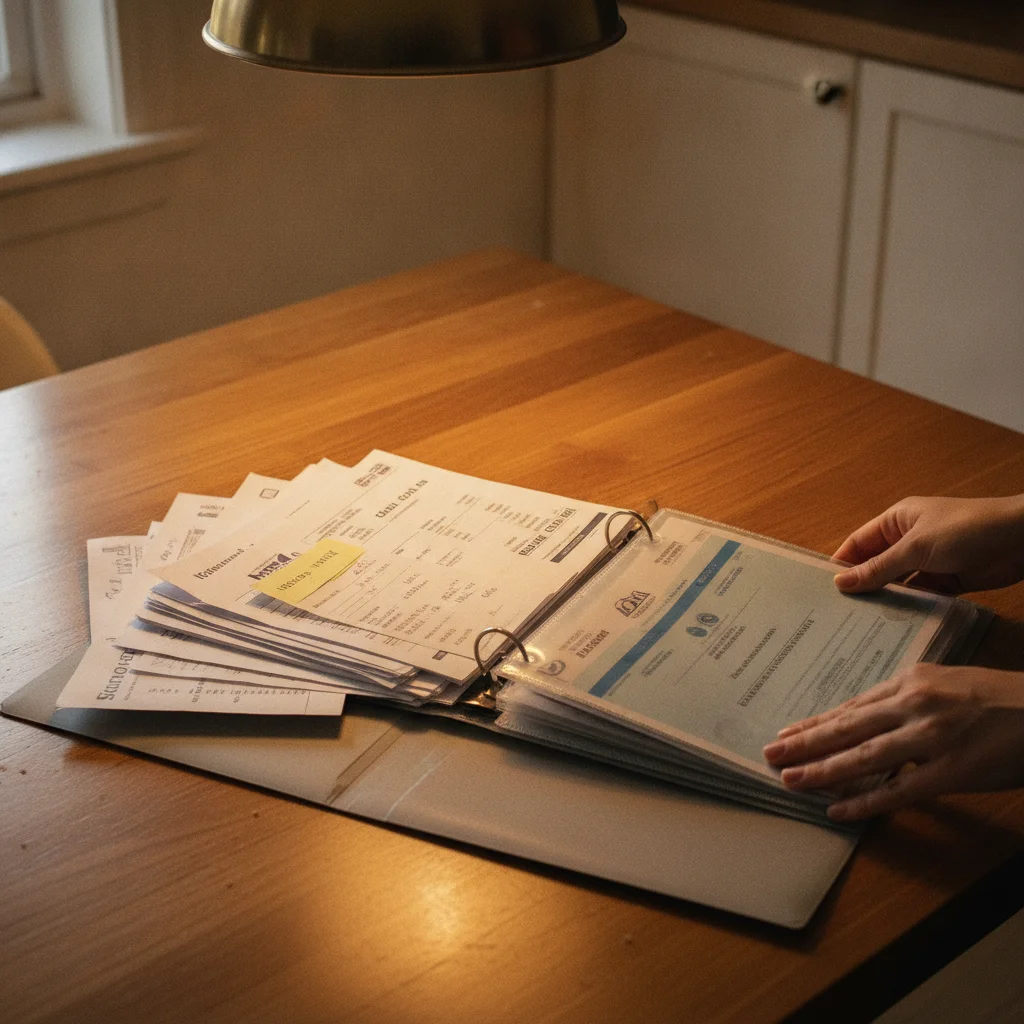 Car owner organizing trade-in documents including service records, receipts, and vehicle title in a binder.