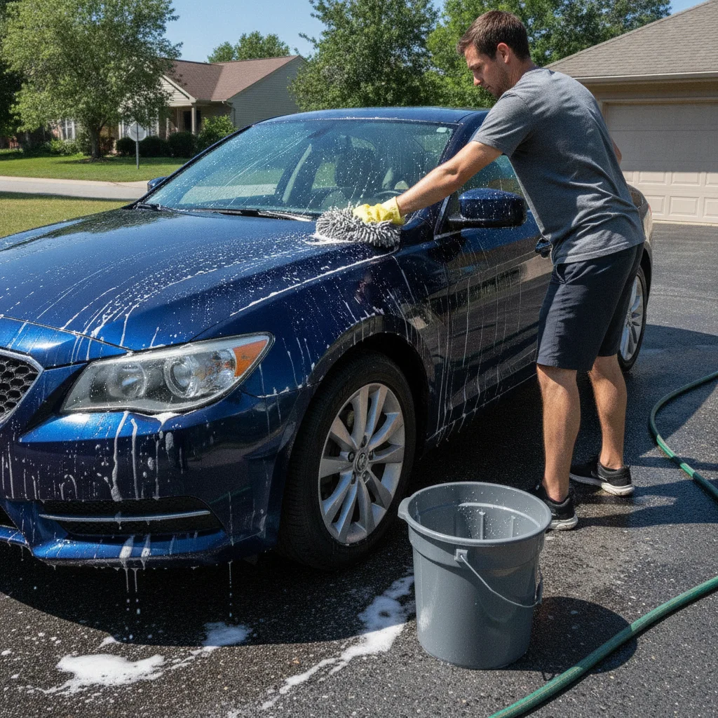 Person hand-washing a dark blue sedan in a residential driveway before a dealership trade-in appointment.