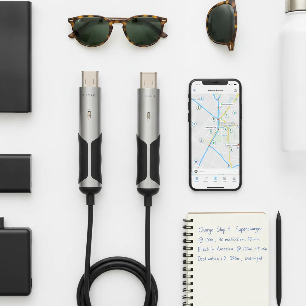 Flat-lay of EV charging adapters, smartphone with route app, and notepad with trip planning notes