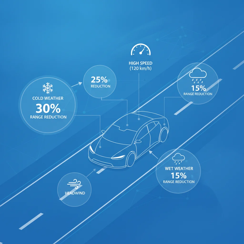 Illustration showing how highway speed and cold weather reduce EV range compared to EPA estimates