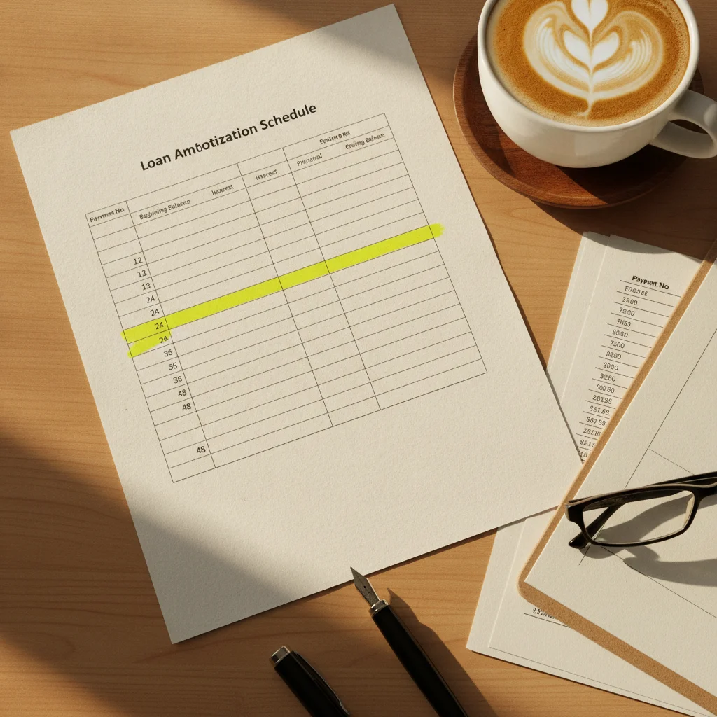 Printed amortization schedule with rows highlighted in yellow on a clean desk with a coffee mug