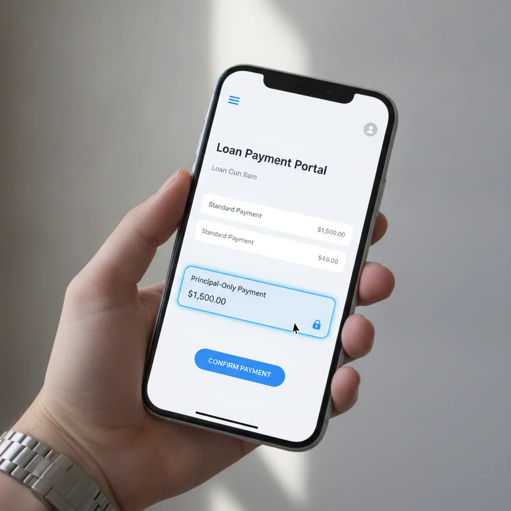 Smartphone screen displaying a loan payment portal with a principal-only payment field highlighted