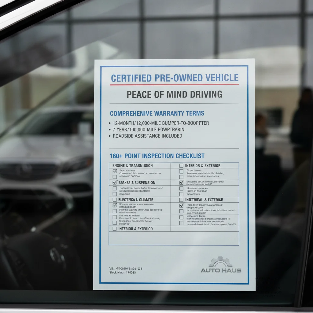 Close-up of a CPO window sticker showing warranty coverage terms and inspection checklist at a dealership