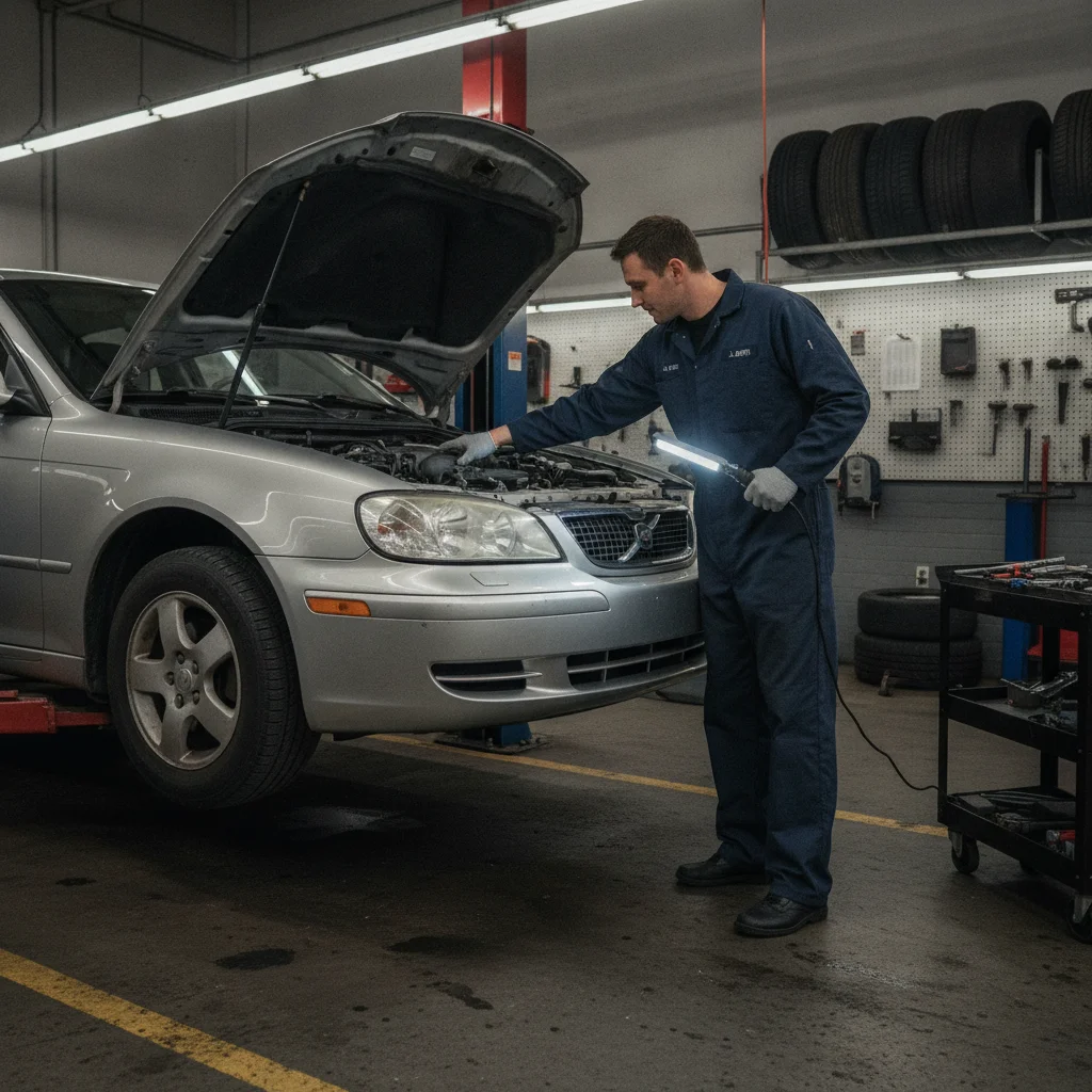Mechanic inspecting the engine of a used sedan on a hydraulic lift during a pre-purchase inspection