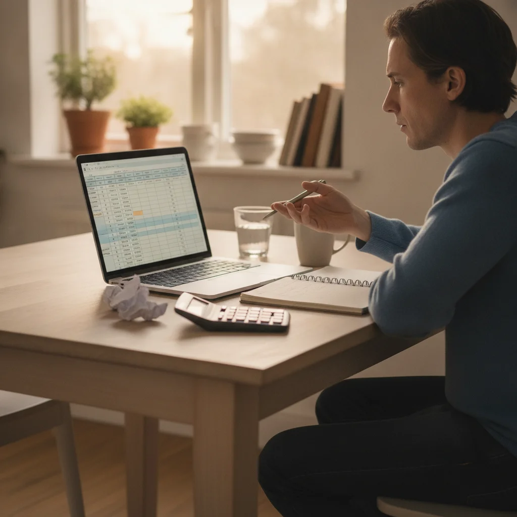 Car buyer comparing CPO financing rates on a laptop with notepad and calculator at home