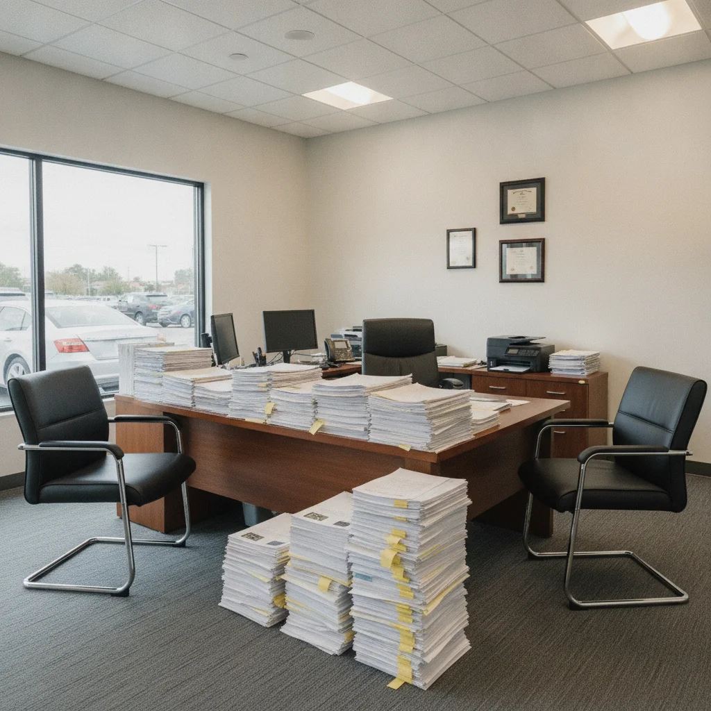 Empty car dealership finance office with a desk and stacks of contract paperwork