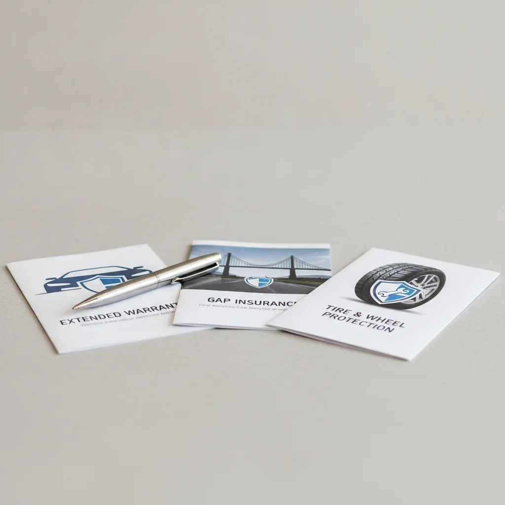 Car dealership add-on product brochures for GAP insurance, extended warranty, and tire protection laid out on a desk