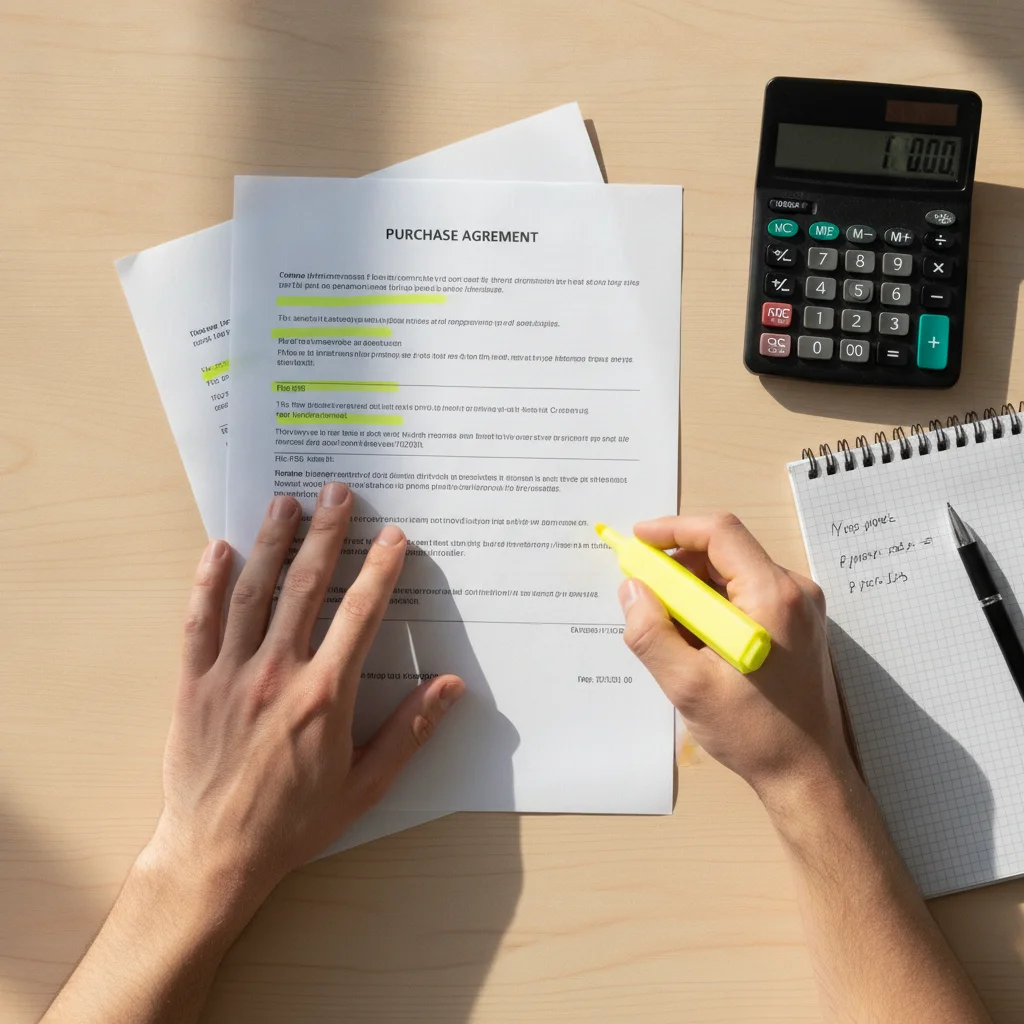 Person reviewing and highlighting specific line items on a car purchase contract with a calculator nearby