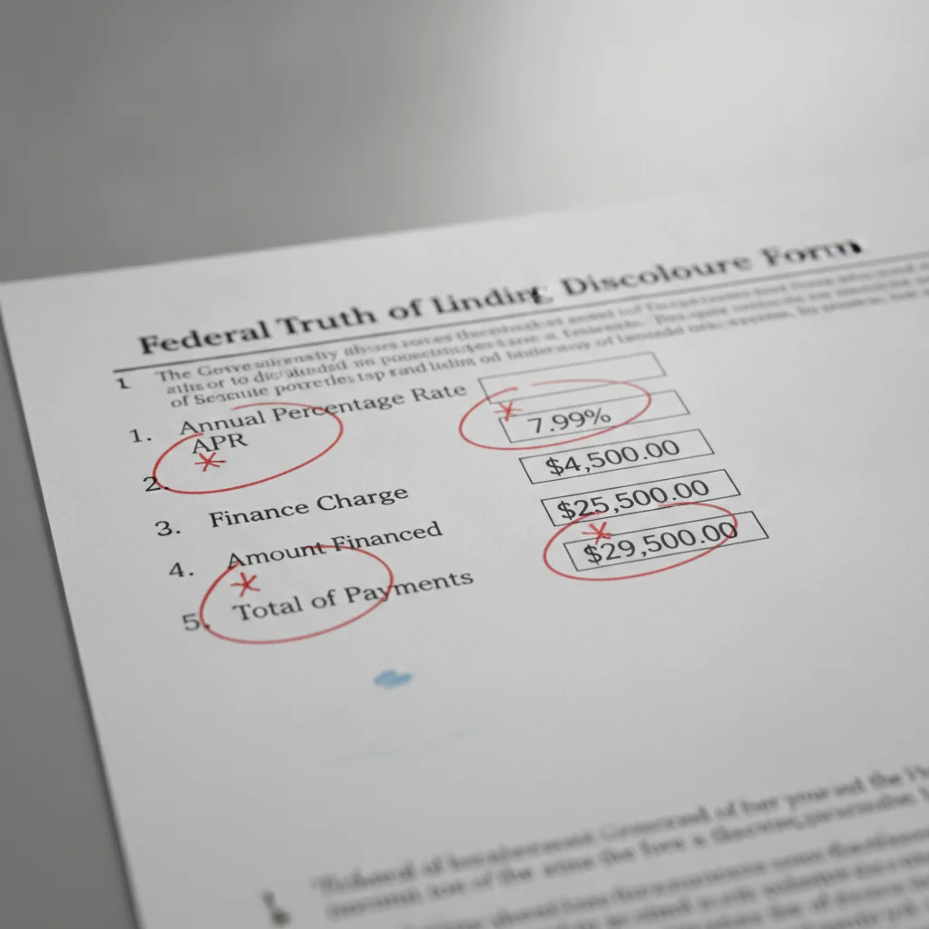 Federal Truth in Lending disclosure form with APR and total payment fields highlighted by a pen