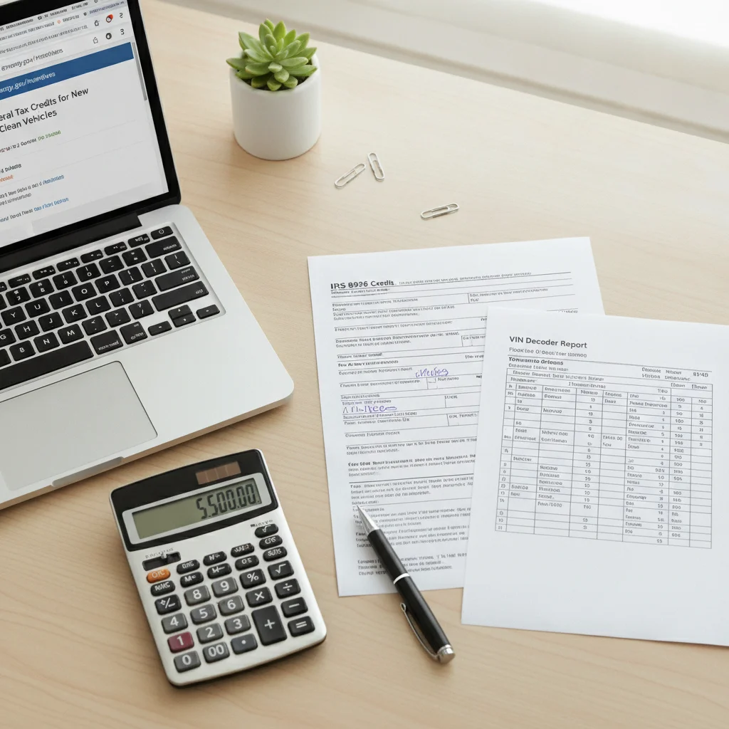 IRS Form 8936 and vehicle eligibility documents laid out on a desk with a calculator and laptop