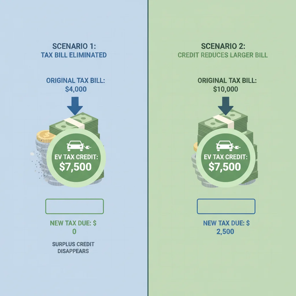 Infographic comparing EV credit scenarios where tax liability is less than and greater than the credit amount