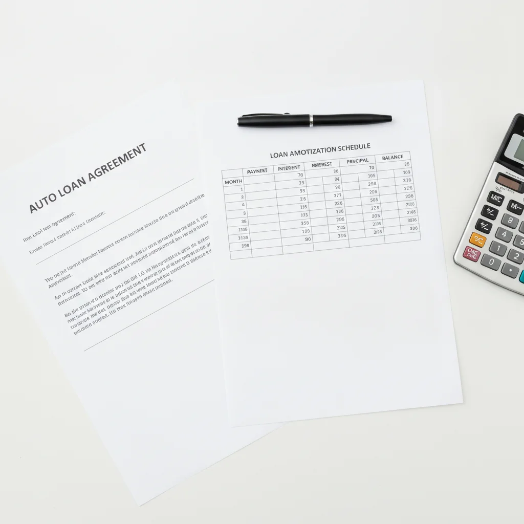 Auto loan agreement and amortization table laid out on a desk with a pen and calculator