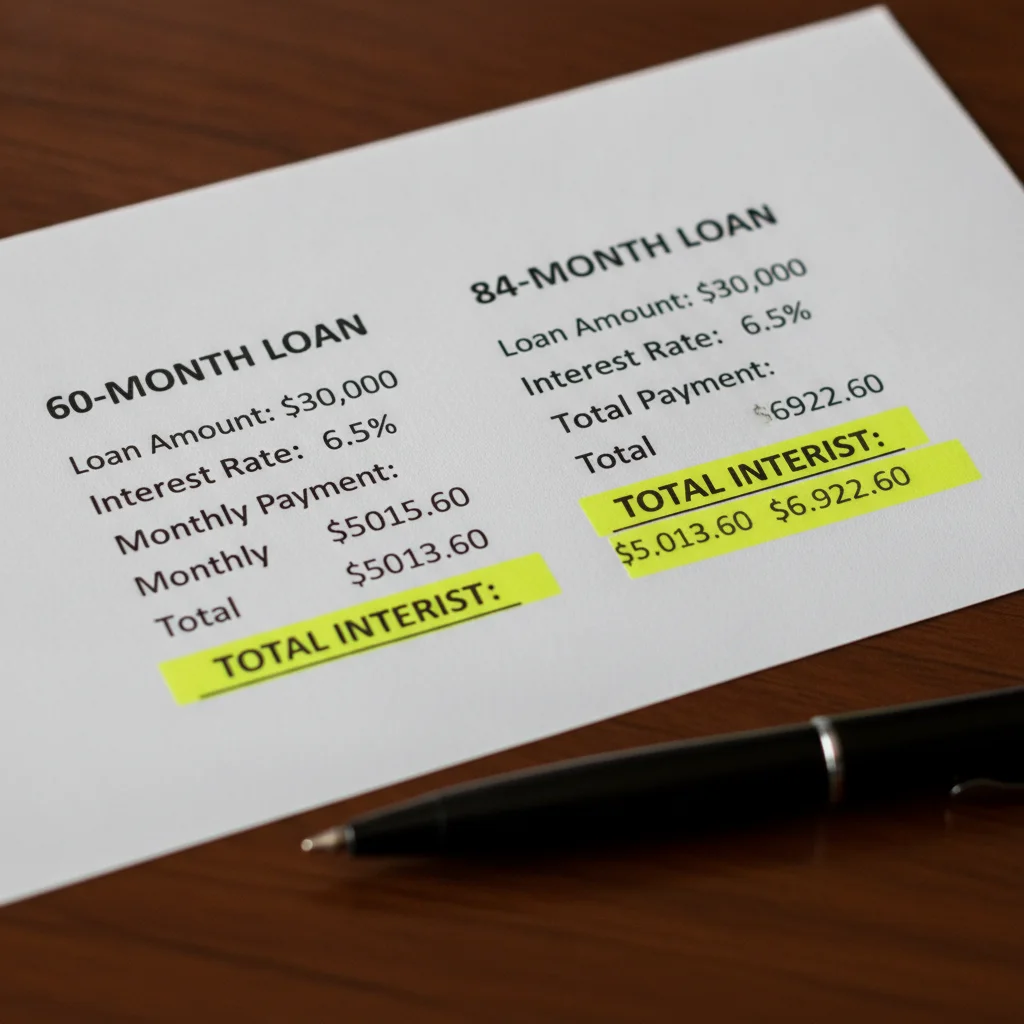 Paper comparison chart highlighting the interest cost difference between 60-month and 84-month auto loans