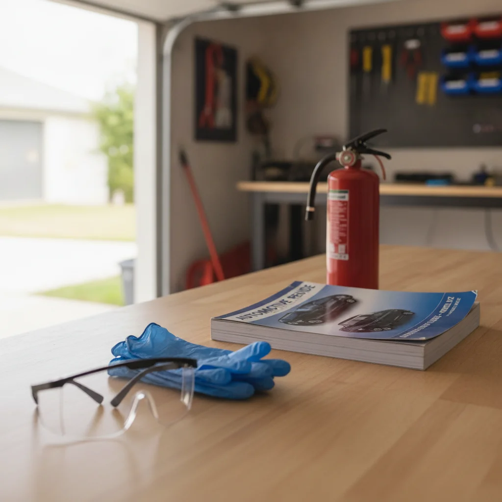 Organized garage workbench with safety glasses, gloves, fire extinguisher, and a vehicle service manual