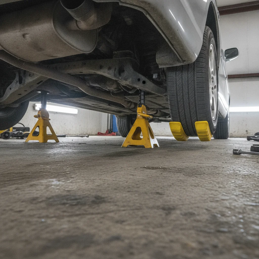 Vehicle supported on two jack stands with wheel chocks visible on concrete garage floor