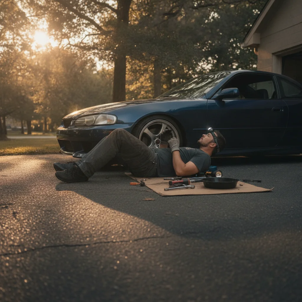 Person inspecting the underside of a vehicle on a driveway after completing a repair, checking for leaks