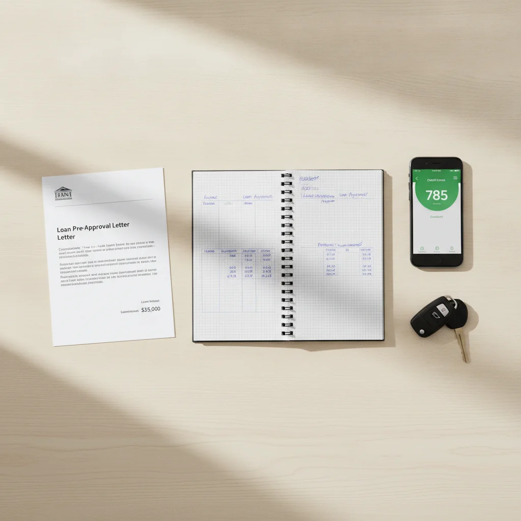 Notepad with budget notes, smartphone with credit score, car keys, and loan pre-approval letter on a desk