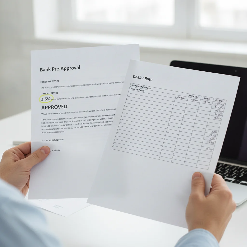 Two financing documents held side by side comparing bank pre-approval rate to dealer financing offer