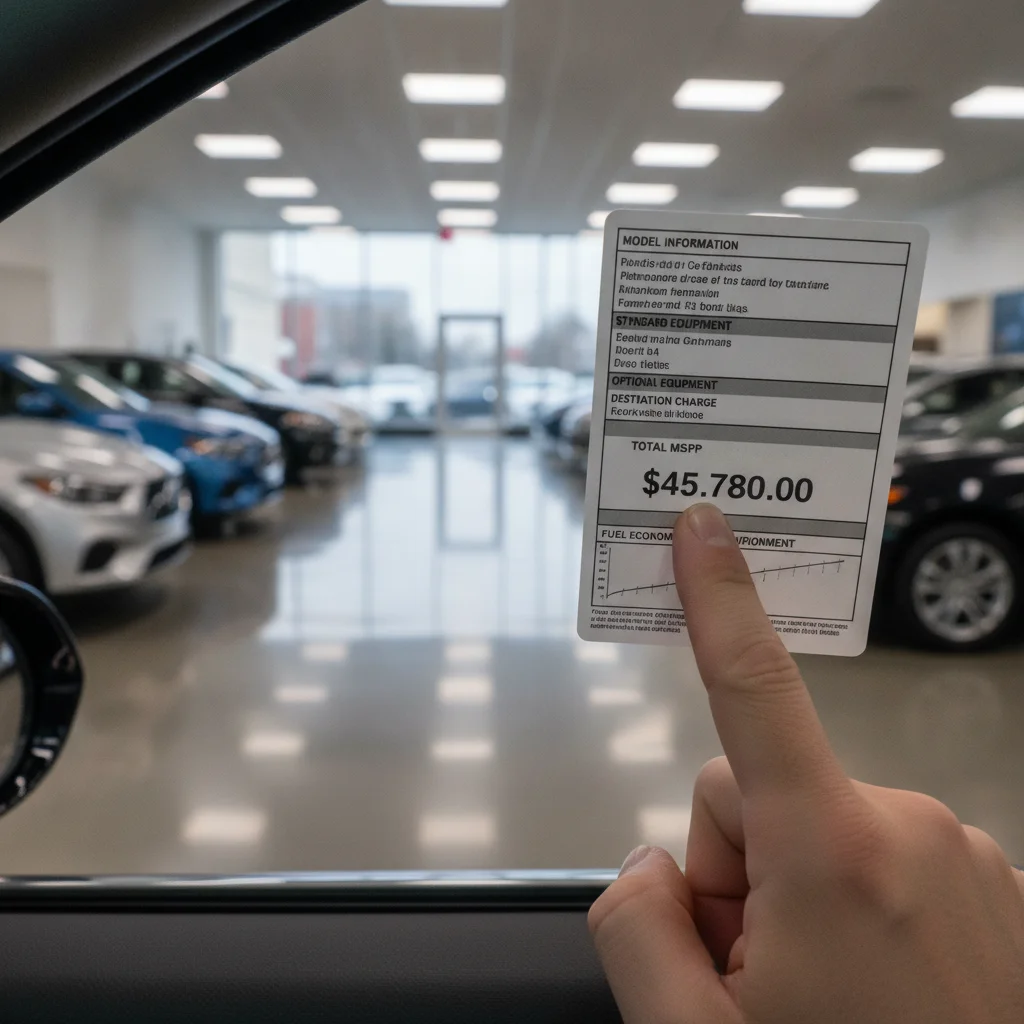 Hand pointing to MSRP price section on a car window sticker in a dealership showroom