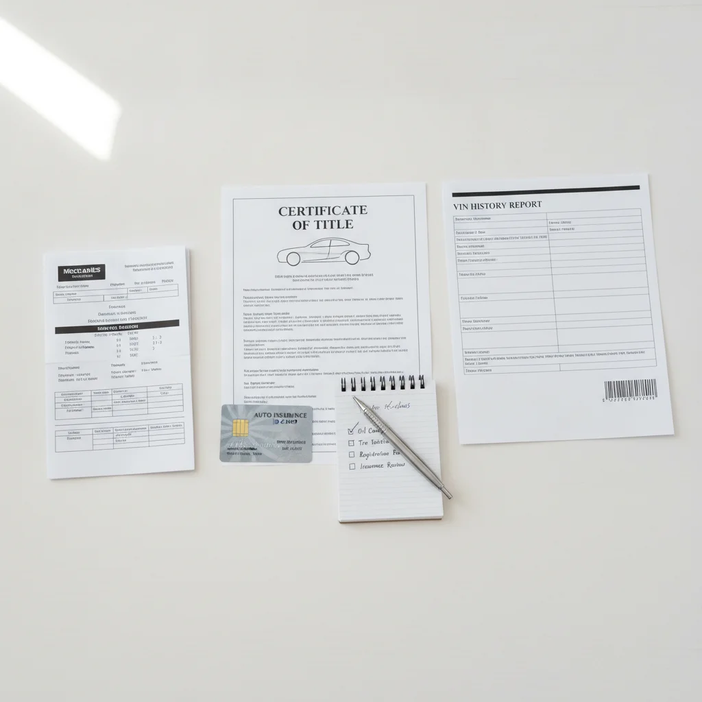 Organized car sale documents including title, service records, and VIN report laid out on a desk