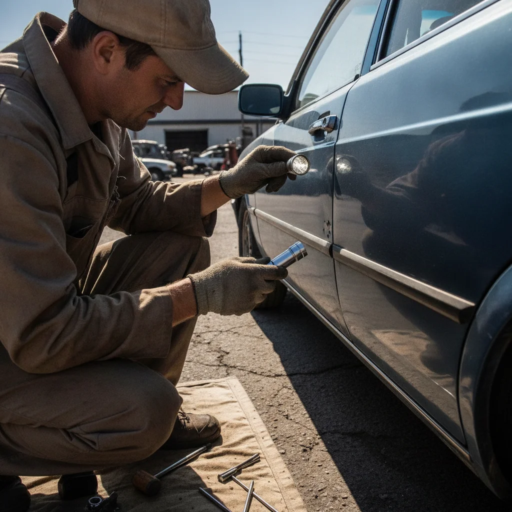 Inspector closely examining a dent on a car door panel under bright sunlight during an appraisal