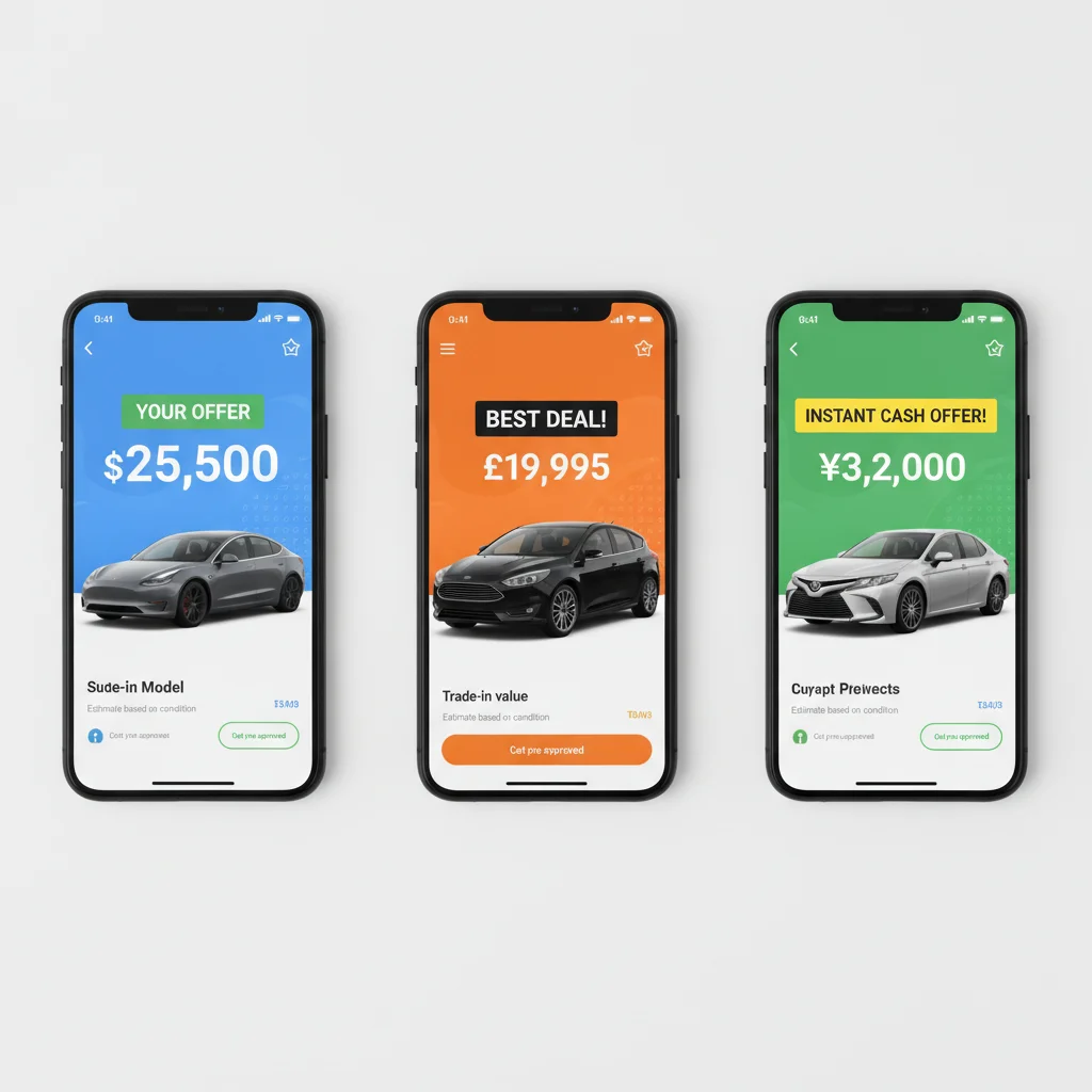 Three smartphones showing different instant car offer amounts from competing platforms for comparison