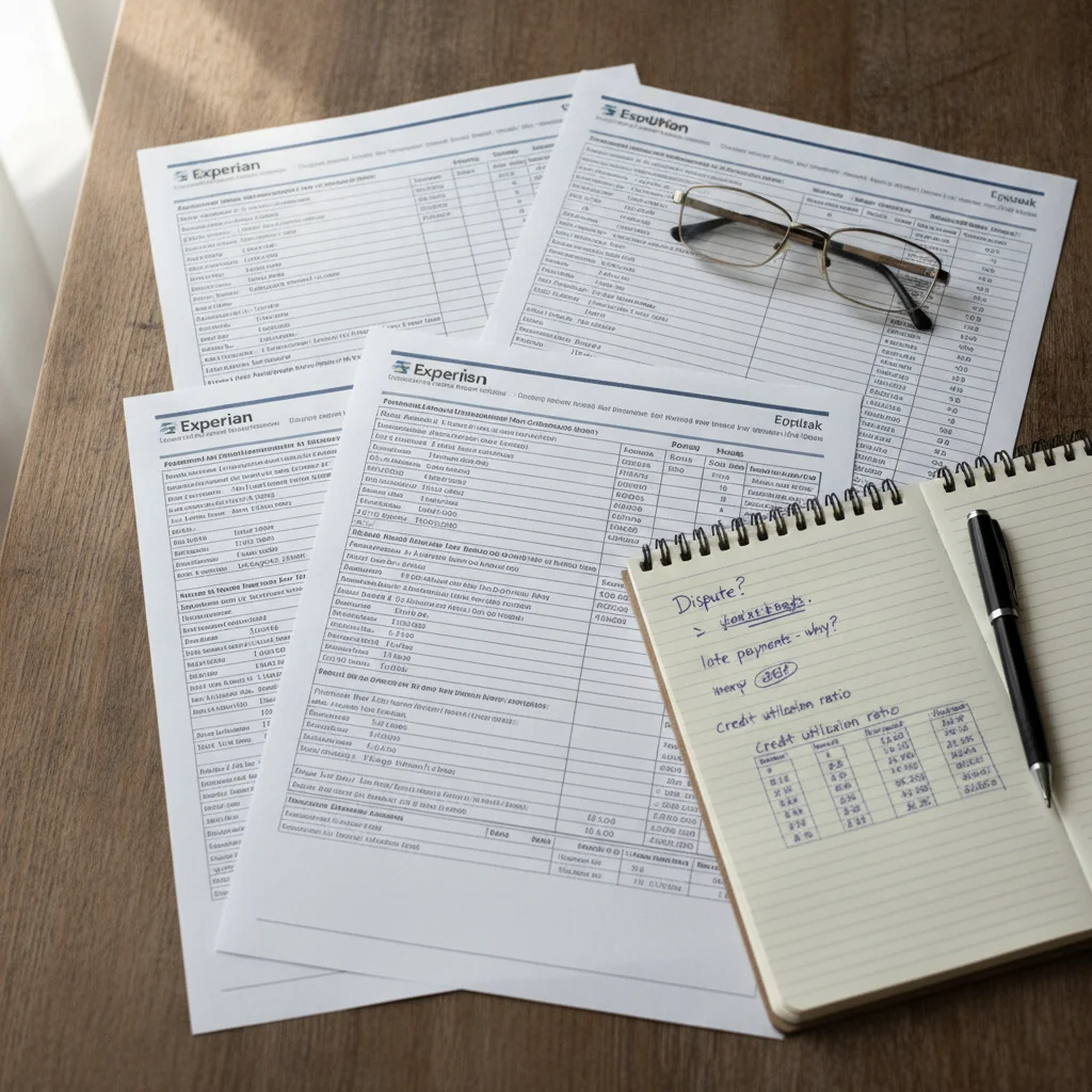 Three printed credit bureau reports laid out on a desk being reviewed with handwritten notes