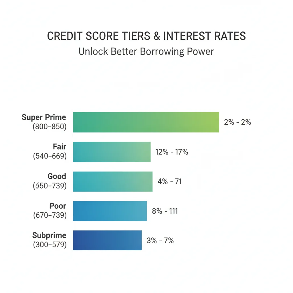 Credit score tier chart showing score ranges and corresponding auto loan APR ranges from subprime to super prime